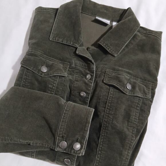 Chico's 1(US 8/10) Olive Green Stretch Corduroy Button-Up Jacket Cotton/Spandex - Picture 16 of 16